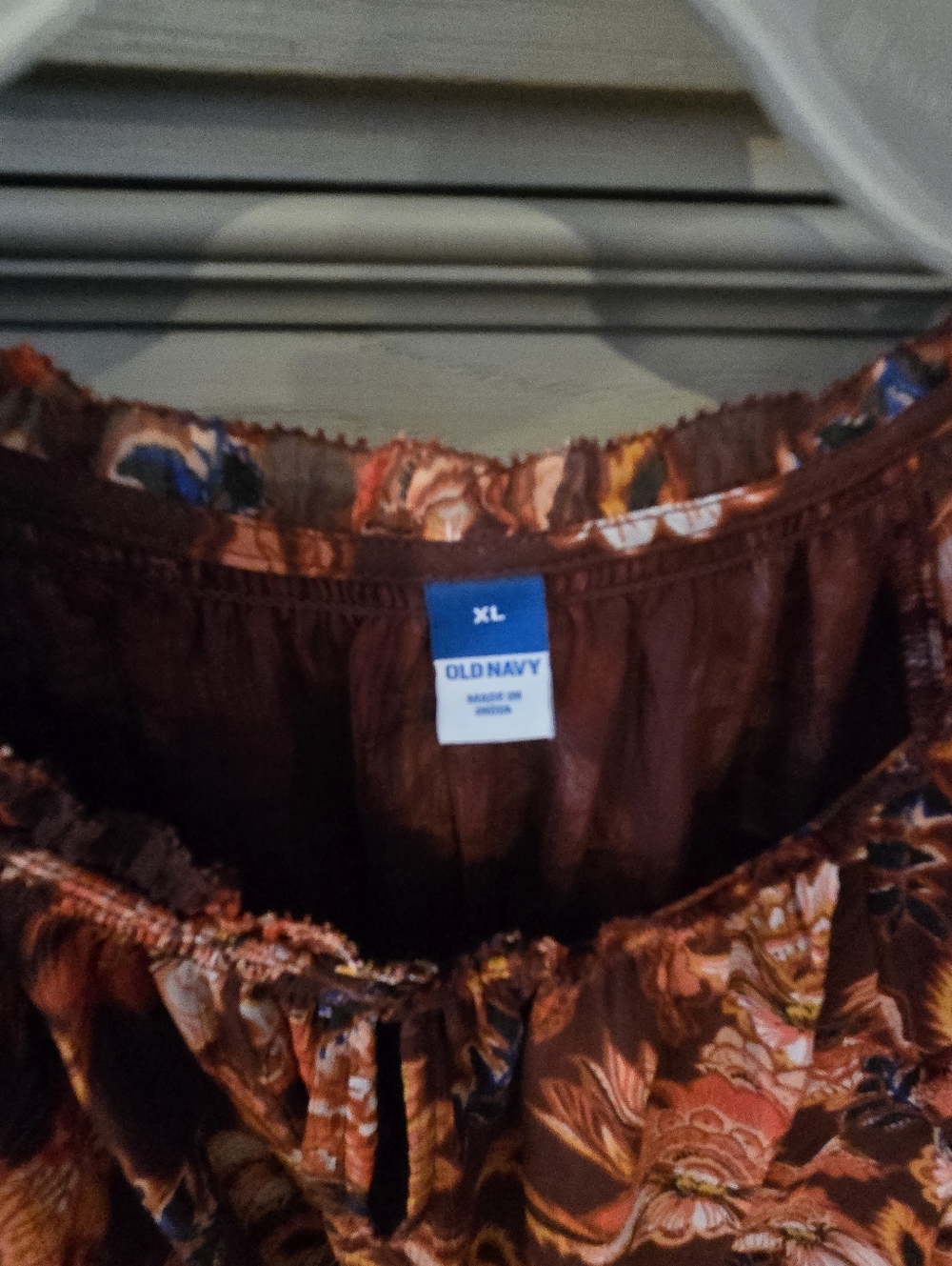 Old Navy Brown Floral Peasant Top with Rust and Mustard Accents